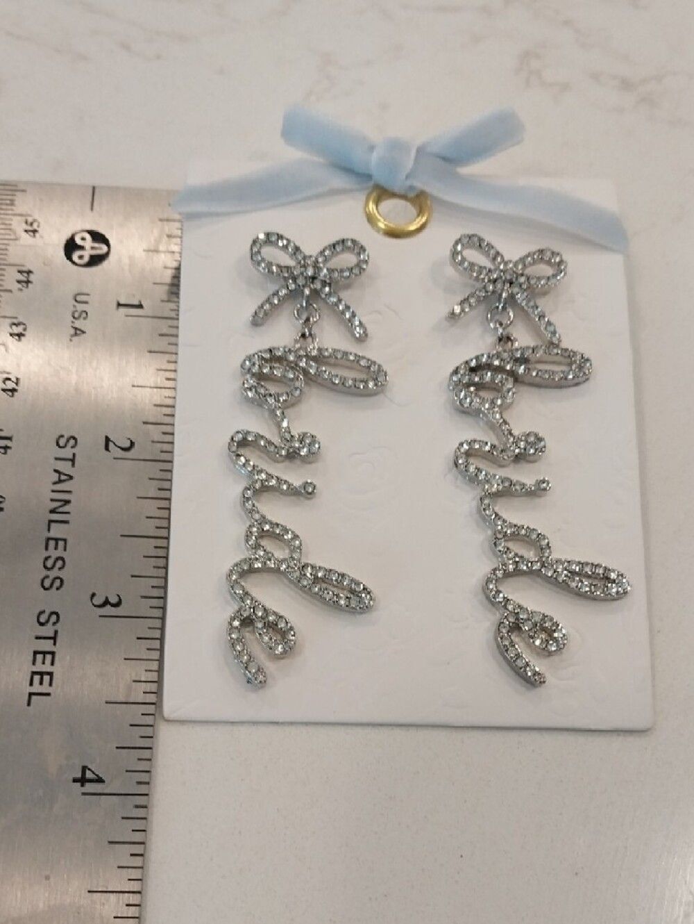 Unlisted Silver Rhinestone 'Bride' Script Dangle Earrings - Picture 2 of 6
